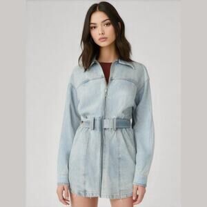 Whiteroom + Cactus Denim Long Sleeve Full Zip Mini Dress Light Wash Blue Size M